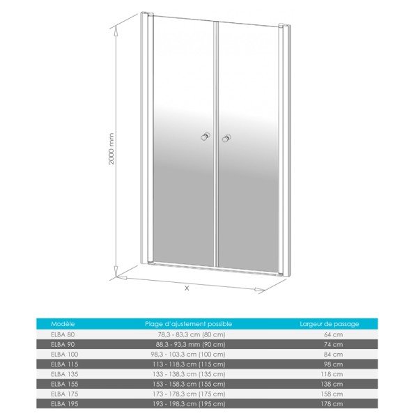 Porte de douche 115 cm à 2 battants ELBA verre Nanotech