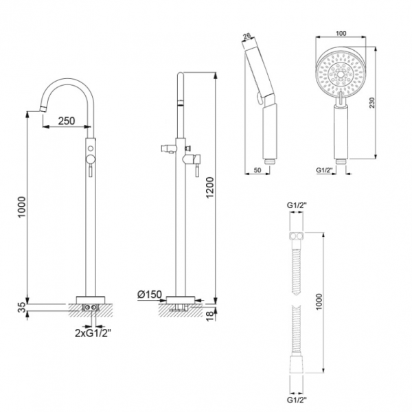 Robinet mitigeur colonne noir mat LOOP pour baignoire en îlot