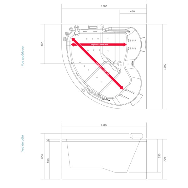 Baignoire balnéo d'angle 150 x 150 cm AQUA 150 DROITE IDYNAMIC