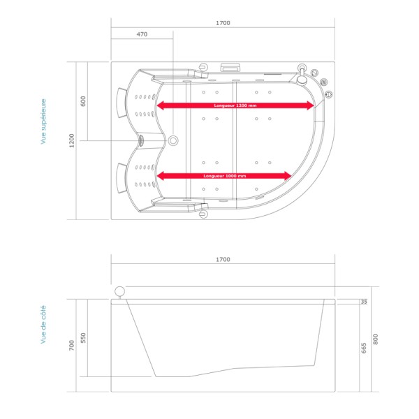 Baignoire balnéo d'angle 170x120 cm SIRIUS GAUCHE IDYNAMIC