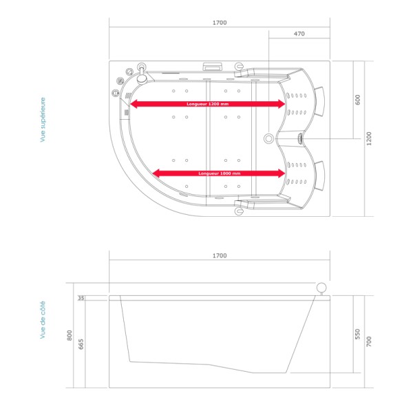 Baignoire balnéo d'angle 170x120 cm SIRIUS DROITE IDYNAMIC