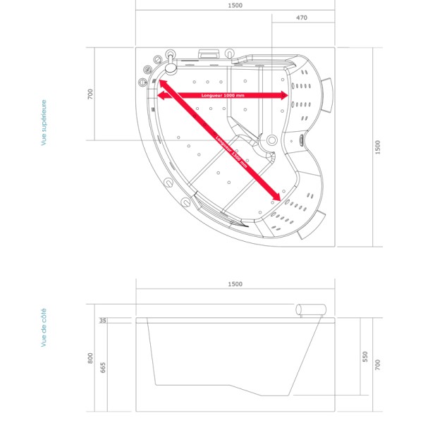 Baignoire balnéo d'angle 150 x 150 cm AQUA 150 DROITE IPOWER
