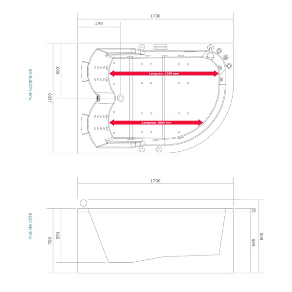 Baignoire balnéo d'angle 170x120 cm SIRIUS GAUCHE IPOWER