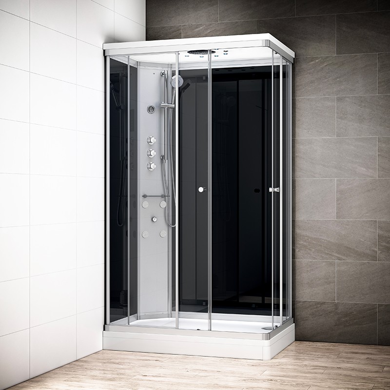 Cabine douche hydromassage SILVER rectangulaire avec accès en angle | Version gauche avec vitres noires Cabine douche hydromassage SILVER rectangulaire avec accès en angle | Version gauche avec vitres noires