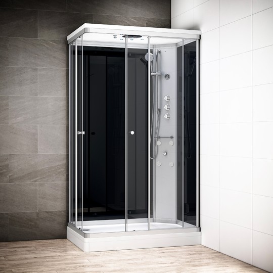 Cabine douche hydromassage SILVER rectangulaire avec accès en angle | Version droite avec vitres noires