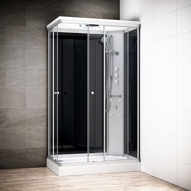Cabine douche hydromassage SILVER rectangulaire avec accès en angle | Version droite avec vitres noires Cabine douche hydromassage SILVER rectangulaire avec accès en angle | Version droite avec vitres noires