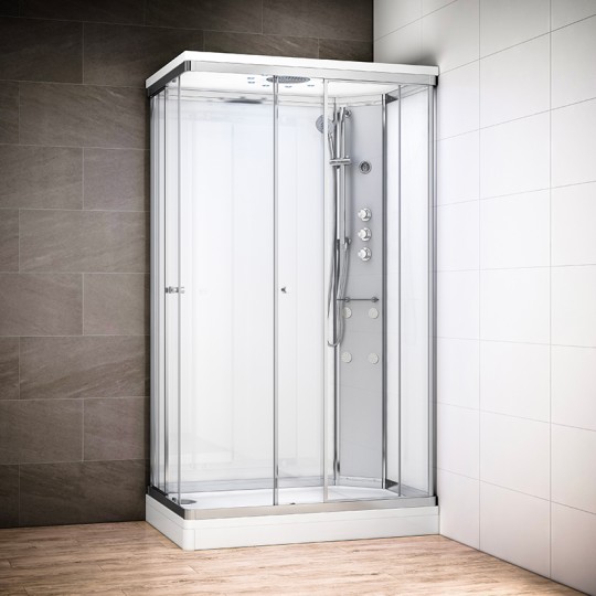 Cabine douche hydromassage SILVER rectangulaire avec accès en angle | Version droite avec vitres blanches