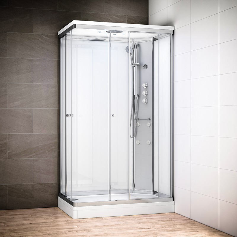 Cabine douche hydromassage SILVER rectangulaire avec accès en angle | Version droite avec vitres blanches Cabine douche hydromassage SILVER rectangulaire avec accès en angle | Version droite avec vitres blanches