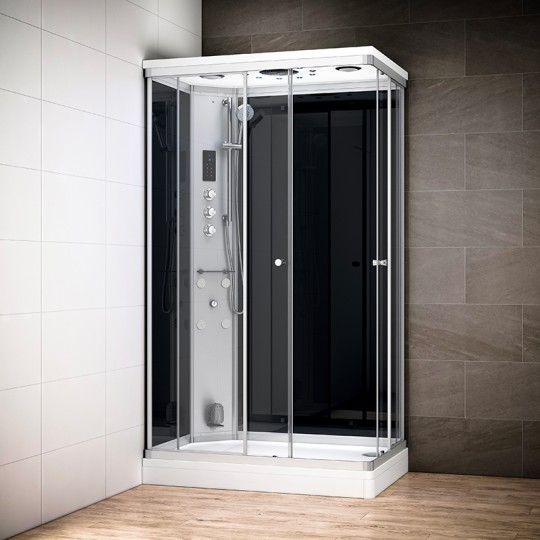 Cabine douche hammam SILVER rectangulaire avec accès en angle | Version gauche avec vitres noires