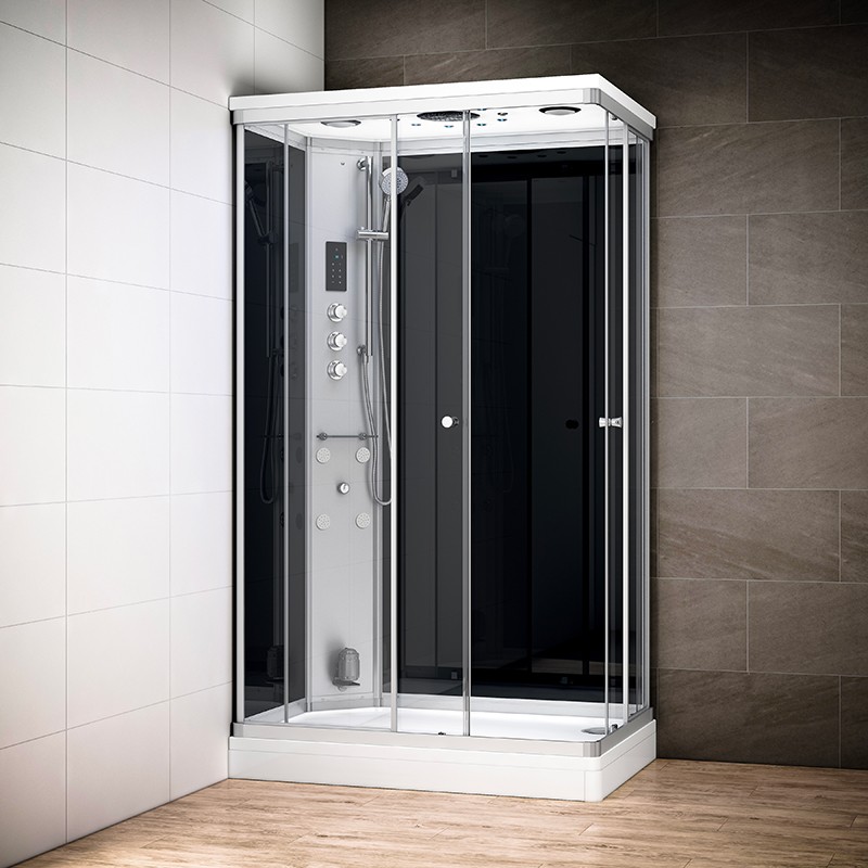 Cabine douche hammam SILVER rectangulaire avec accès en angle | Version gauche avec vitres noires Cabine douche hammam SILVER rectangulaire avec accès en angle | Version gauche avec vitres noires