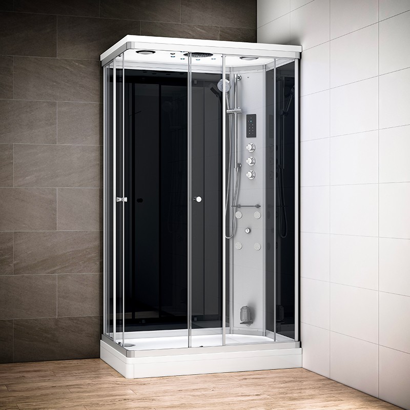 Cabine douche hammam SILVER rectangulaire avec accès en angle | Version gauche avec vitres noires Cabine douche hammam SILVER rectangulaire avec accès en angle | Version gauche avec vitres noires