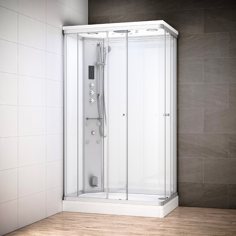 Cabine douche hammam SILVER rectangulaire avec accès en angle | Version gauche avec vitres blanches Cabine douche hammam SILVER rectangulaire avec accès en angle | Version gauche avec vitres blanches