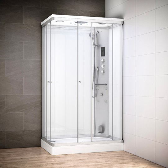 Cabine douche hammam SILVER rectangulaire avec accès en angle | Version droite avec vitres blanches