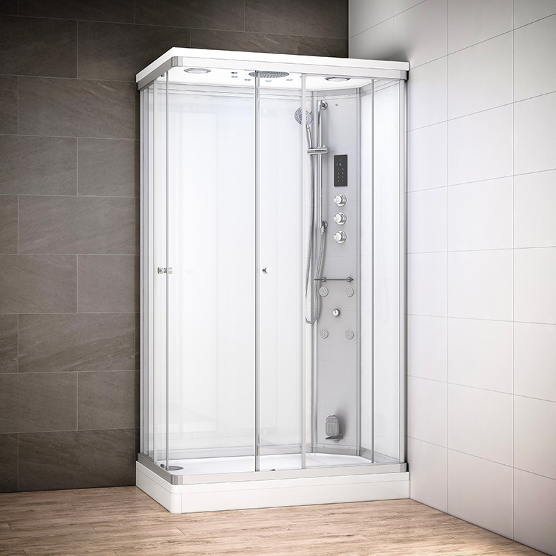 Cabine douche hammam SILVER rectangulaire avec accès en angle | Version droite avec vitres blanches Cabine douche hammam SILVER rectangulaire avec accès en angle | Version droite avec vitres blanches