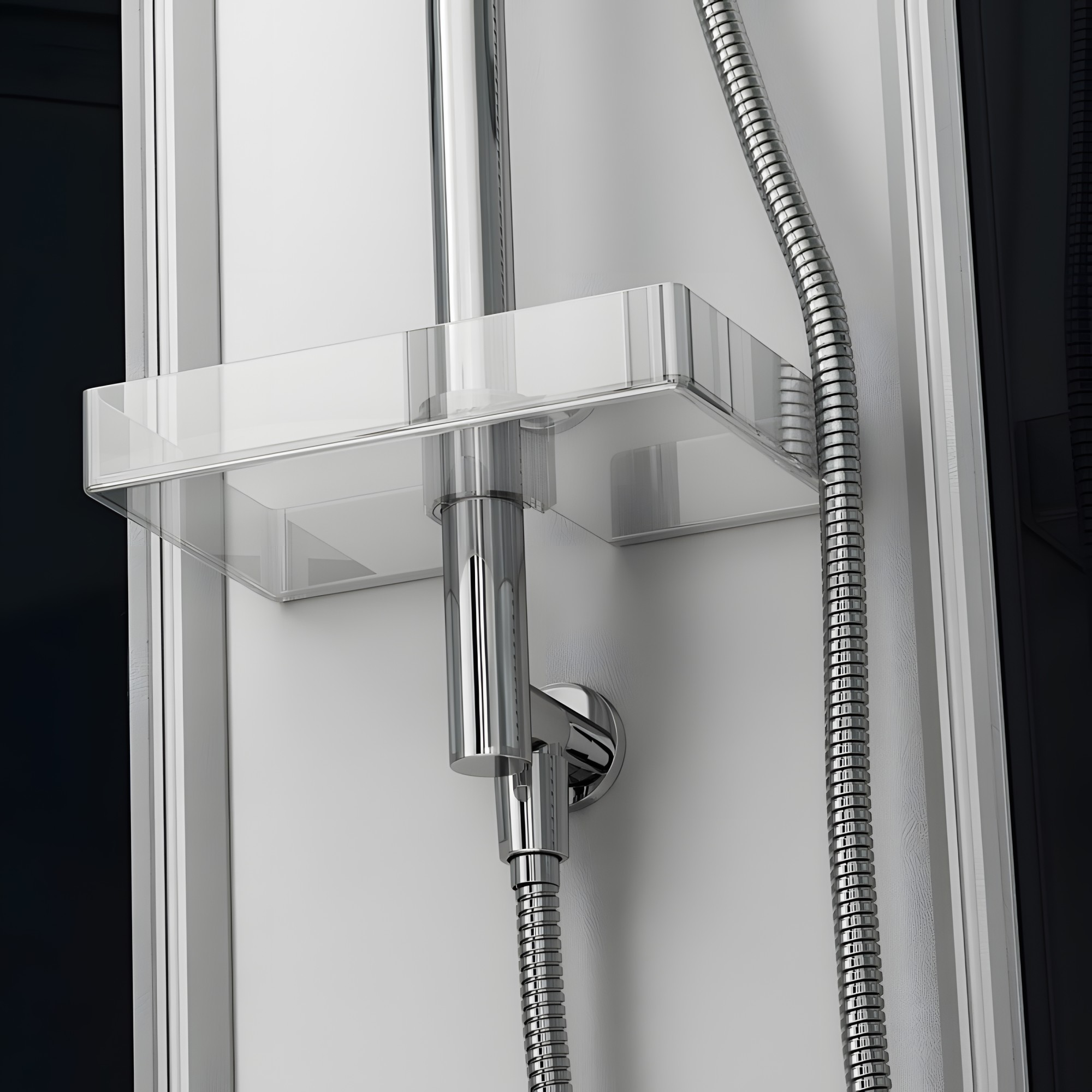 Tablette de rangement et flexible douchette en inox avec système anti-torsion