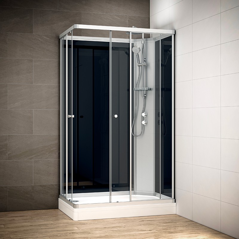 Cabine douche intégrale SILVER rectangulaire avec accès en angle | Version droite avec vitres noires Cabine douche intégrale SILVER rectangulaire avec accès en angle | Version droite avec vitres noires