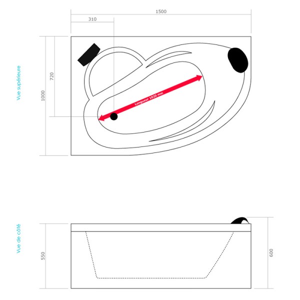 Baignoire Balnéo d'angle ICONFORT avec ordinateur bluetooth, réchauffeur d'eau, système Eau+Air, pompe puissante. Equipements de