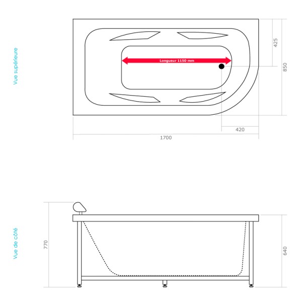 Baignoire balnéo 170 cm IRIS GAUCHE réchauffeur d'eau