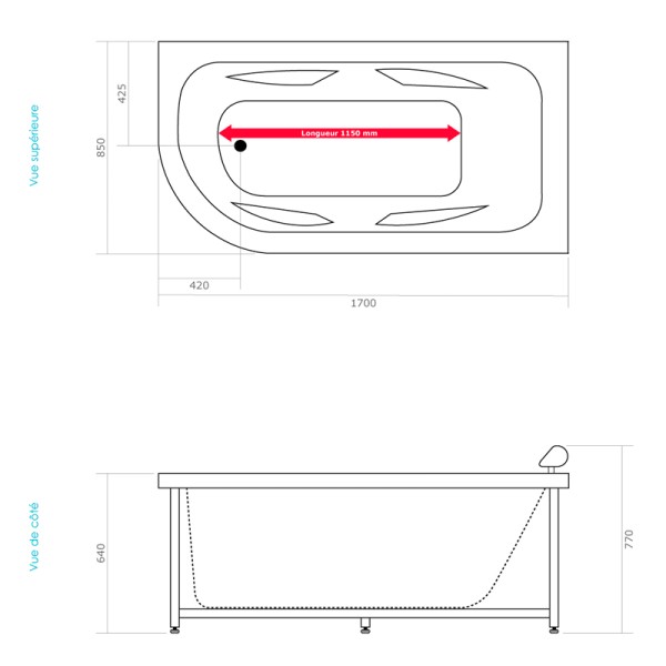 Baignoire balnéo 170 cm IRIS DROITE réchauffeur d'eau