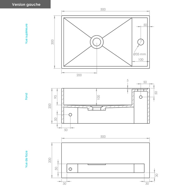 Lave-mains suspendu en Solid Surface EASY 50 x 30 x 20(h) cm