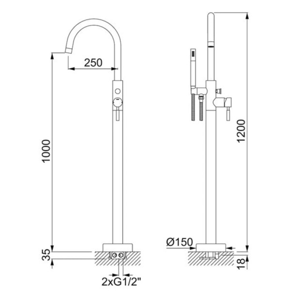 Robinet mitigeur colonne noir mat LOOP pour baignoire en îlot