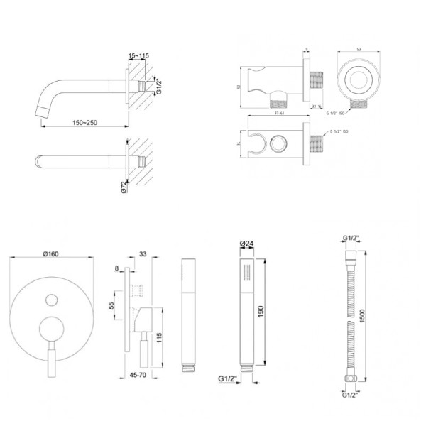 Pack bain douche encastrée complet LOOP inox brossé