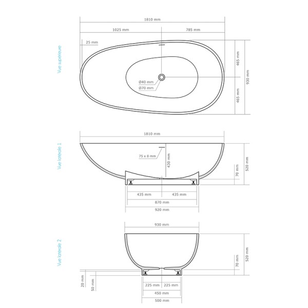 Baignoire ilot design 181 cm Space en Solid Surface (corian)