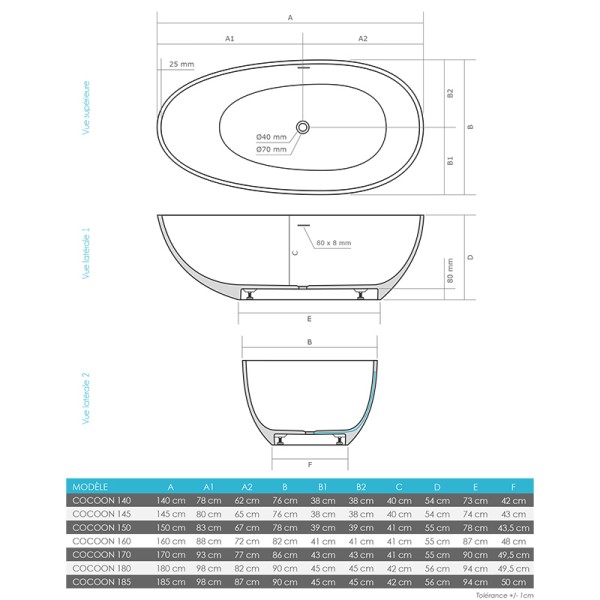 Baignoire ilot 140 cm Cocoon en Solid Surface (corian)