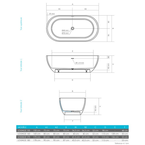 Baignoire ilot 150 cm Lounge en Solid Surface (corian)