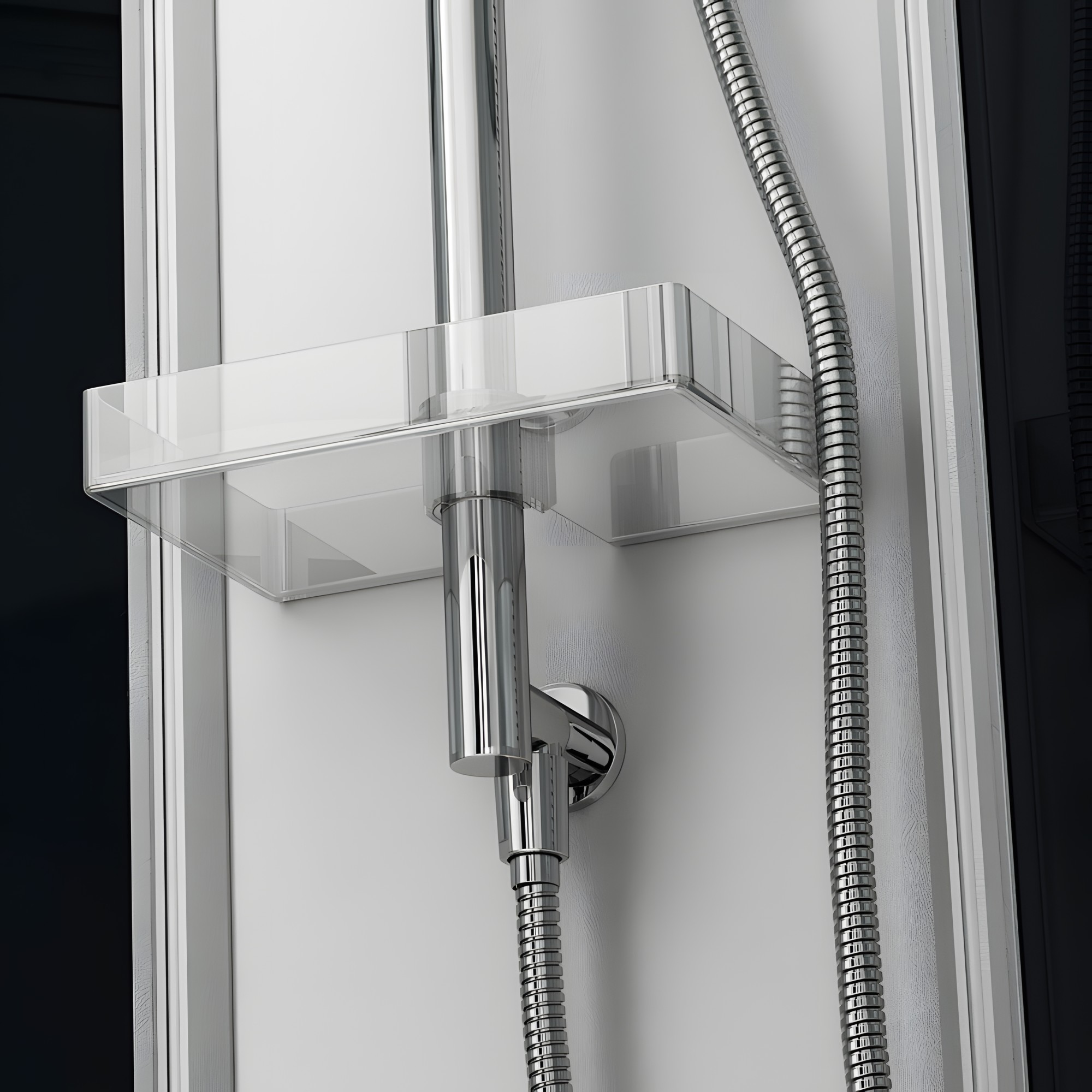 Tablette de rangement et flexible douchette en inox avec système anti-torsion