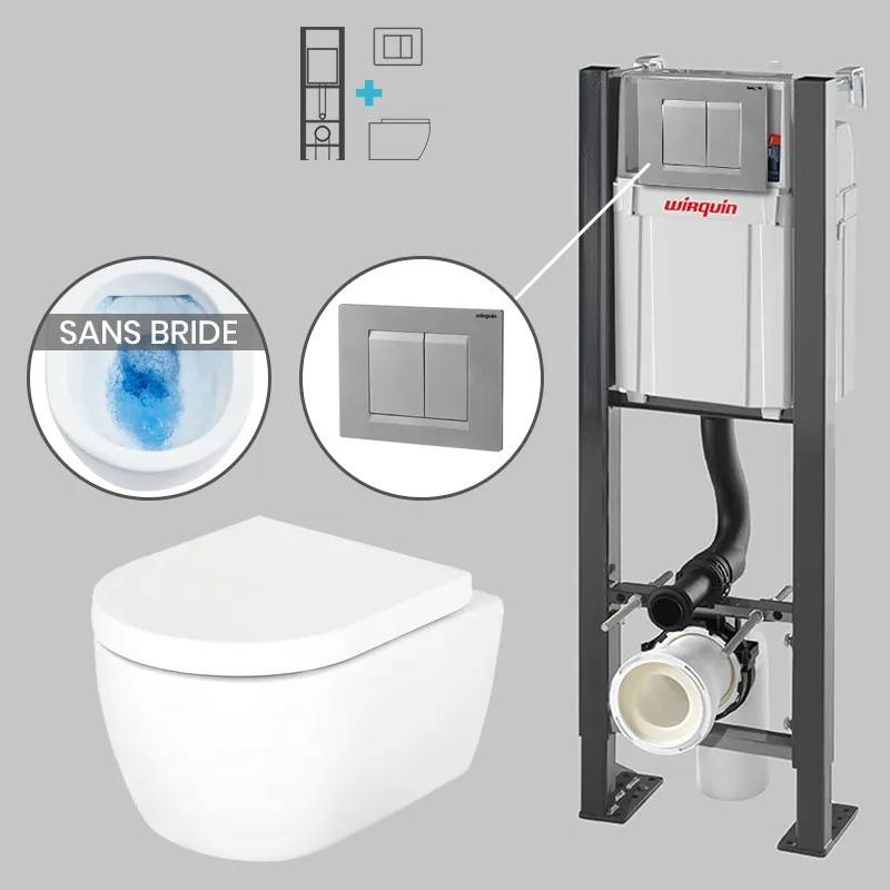 Pack WC suspendu sans bride avec bâti-support autoportant WIRQUIN PRO et plaque grise