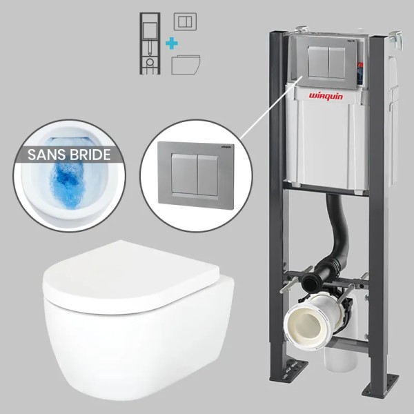 Pack WC suspendu sans bride avec bâti-support autoportant WIRQUIN PRO et plaque grise