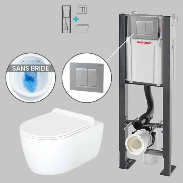 Pack WC suspendu sans bride avec bâti-support autoportant WIRQUIN PRO et plaque grise