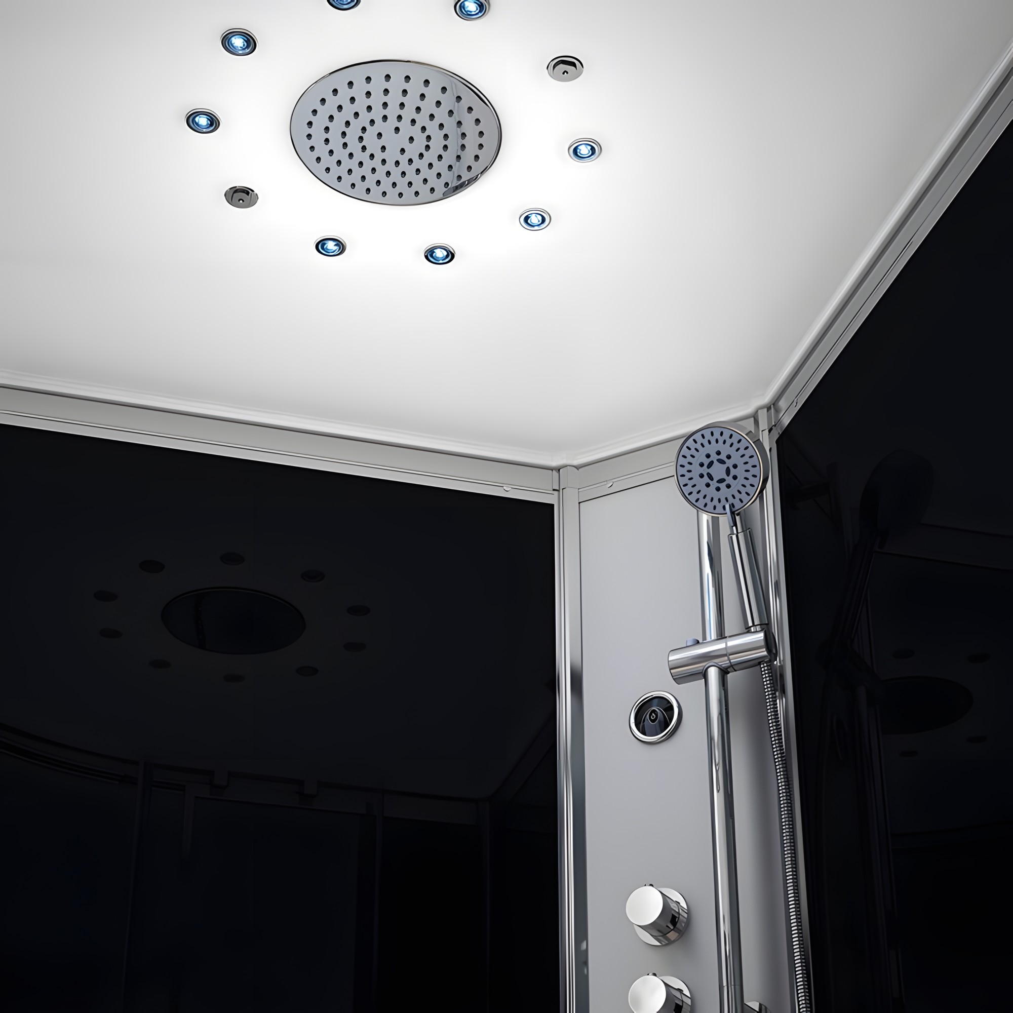 Pluie tropicale en laiton chromé 95 jets | Brumisateurs | Chromothérapie LED