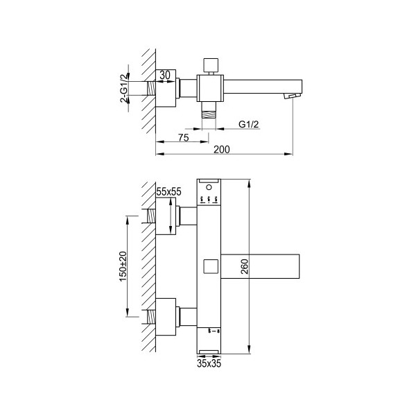 Robinet mitigeur thermostatique mural bain douche KUBIK