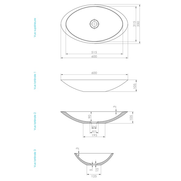 Vasque à poser ovale en Solid Surface OVALIS 60 x 35 cm