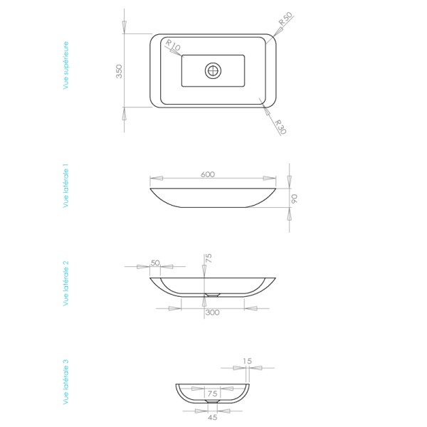 Vasque à poser rectangulaire en Solid Surface LAKE 60x35 cm