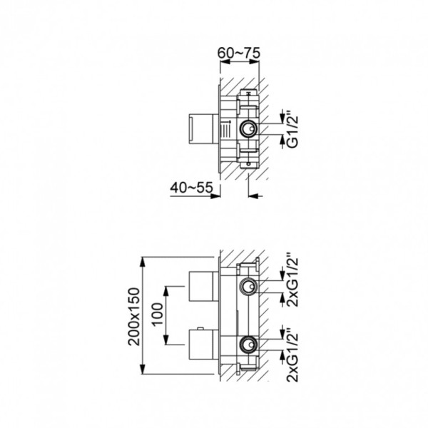 Mitigeur thermostatique mural encastré 3 sorties pour douche KUBIK