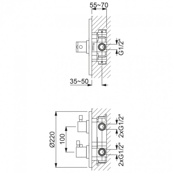 Mitigeur thermostatique mural encastré 3 sorties pour douche LOOP