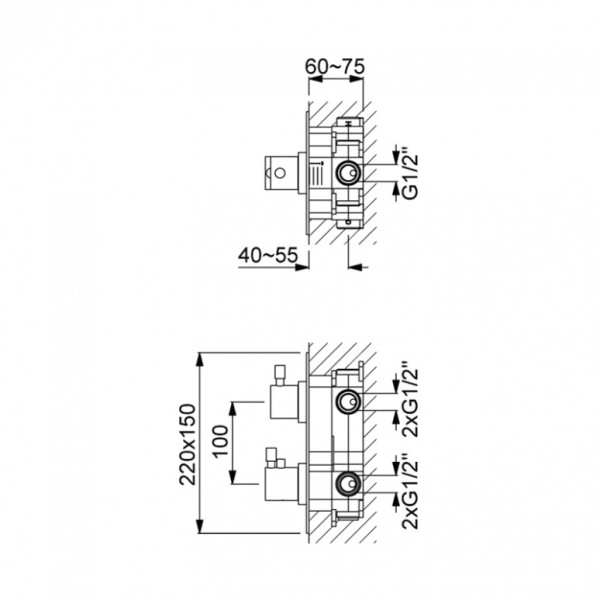 Mitigeur thermostatique mural encastré 3 sorties pour douche LOOP