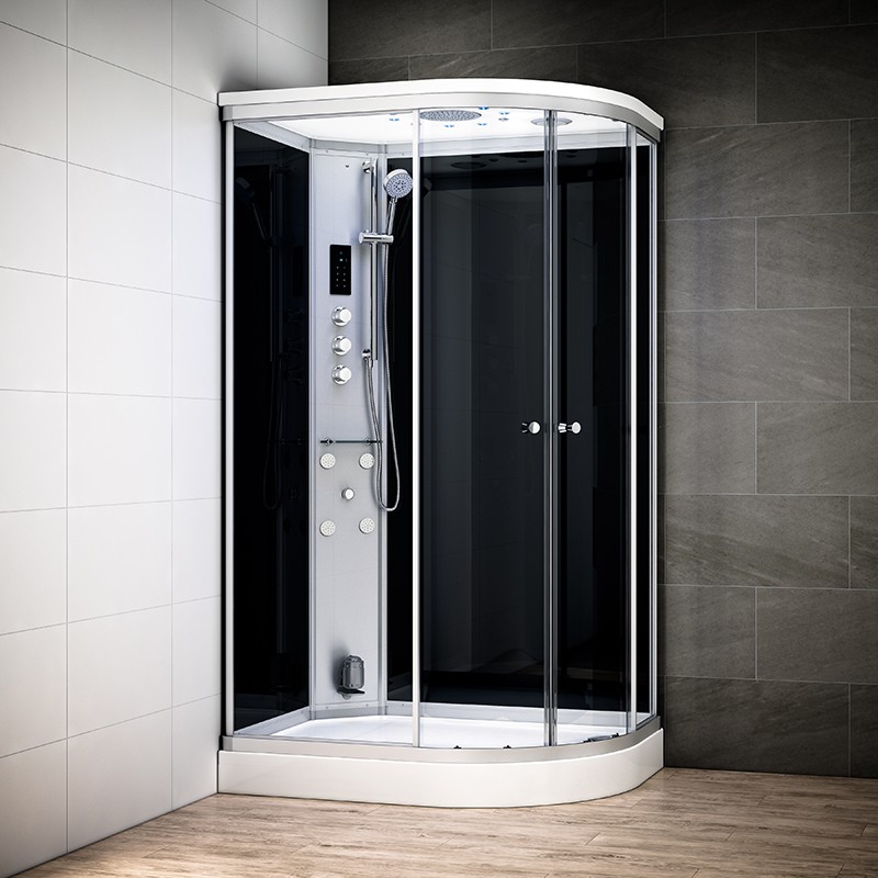 Cabine douche hammam SILVER asymétrique | Version gauche avec vitres noires Cabine douche hammam SILVER asymétrique | Version gauche avec vitres noires