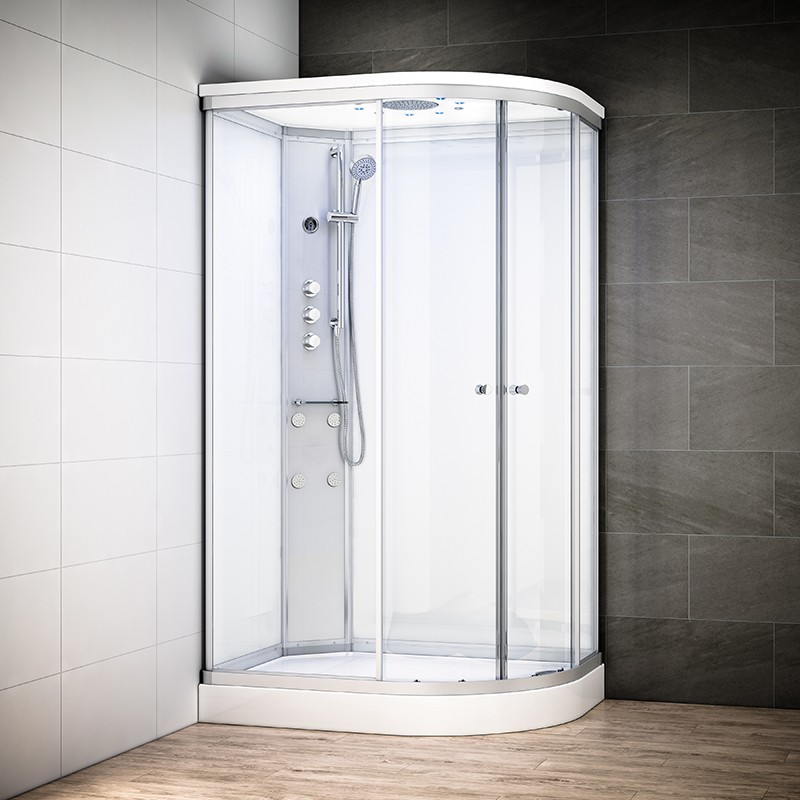 Cabine douche hydromassage SILVER asymétrique | Version gauche avec vitres blanches Cabine douche hydromassage SILVER asymétrique | Version gauche avec vitres blanches