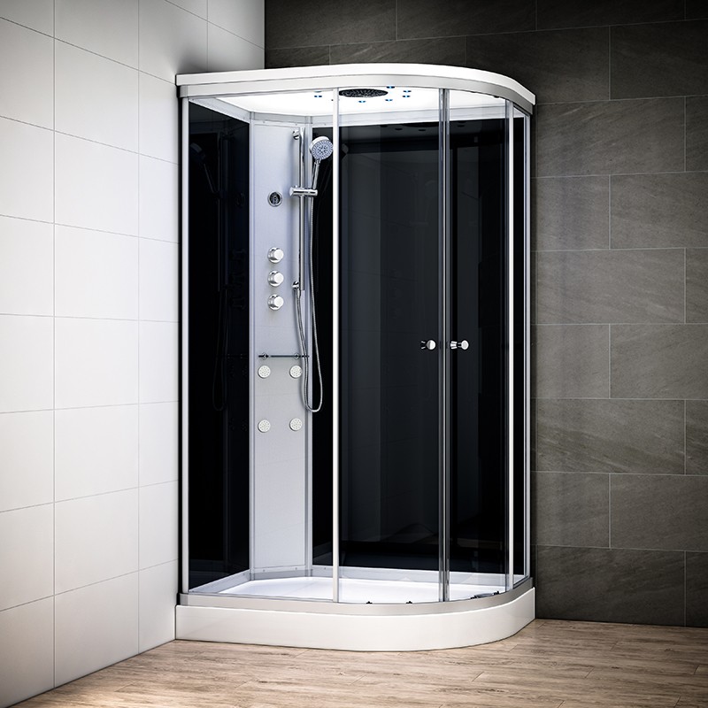Cabine douche hydromassage SILVER asymétrique | Version droite avec vitres noires Cabine douche hydromassage SILVER asymétrique | Version droite avec vitres noires