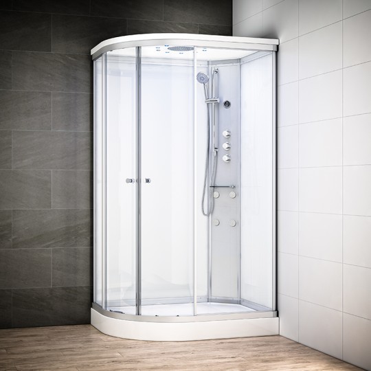 Cabine douche hydromassage SILVER asymétrique | Version droite avec vitres blanches